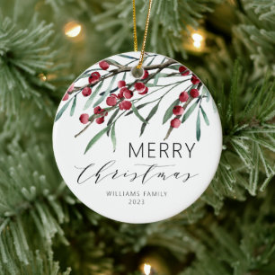 Winter Berry Script Merry Christmas Holiday Ceramic Tree Decoration