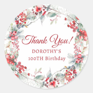 Winter Berry Wreath 100th Birthday Thank You Classic Round Sticker