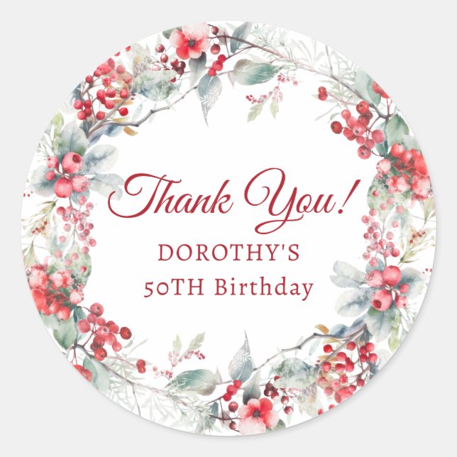Winter Berry Wreath 50th Birthday Thank You Favour Classic Round Sticker (Front)