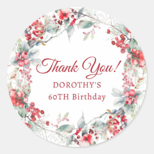 Winter Berry Wreath 60th Birthday Thank You Favour Classic Round Sticker