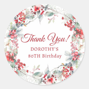 Winter Berry Wreath 80th Birthday Thank You Classic Round Sticker