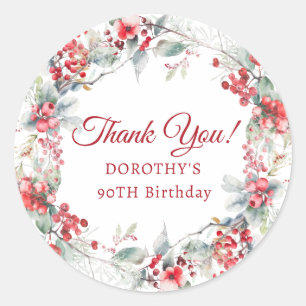 Winter Berry Wreath 90th Birthday Thank You Classic Round Sticker