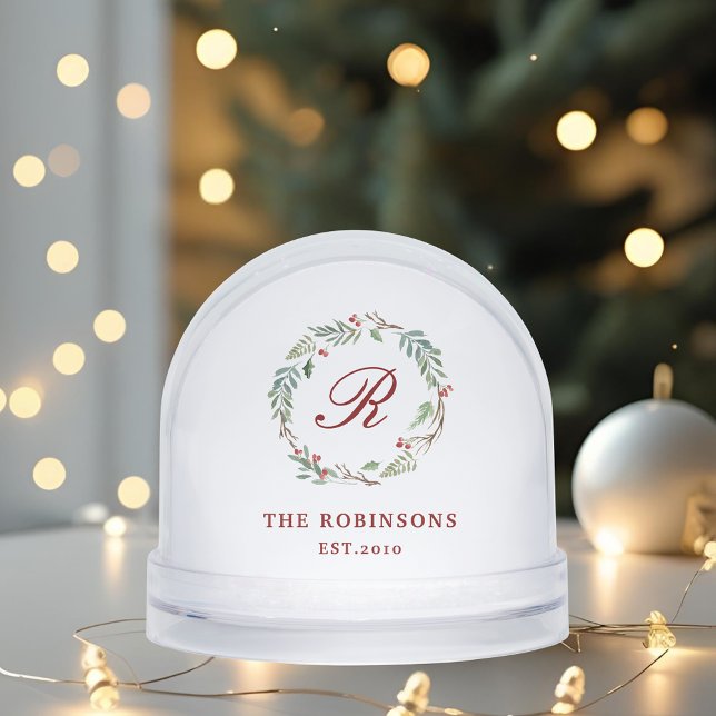 Winter Berry Wreath Family Name Monogram Snowglobe (Creator Uploaded)