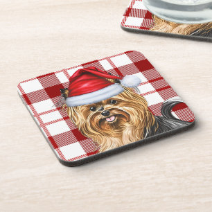 Winter Biewer Terrier Dog Holiday Red Plaid Coaster