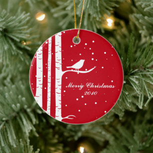 Winter Birch and Bird Ceramic Tree Decoration