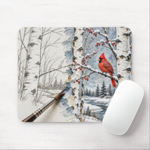 Winter Birch and Red Cardinal Impasto Painting Mouse Mat