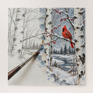 Winter Birch Forest and Cardinal Painting Jigsaw Puzzle