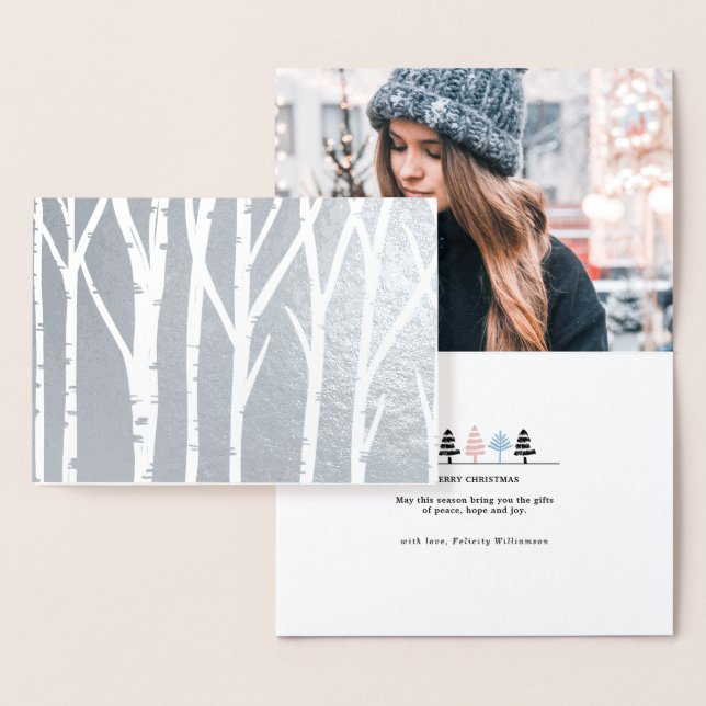 Winter Birch Tree Forest Family Christmas Photo Foil Card (Display)