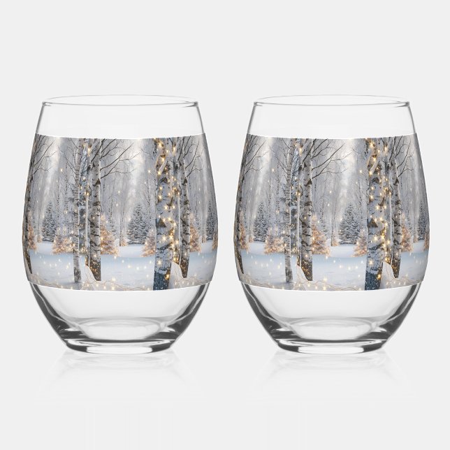 WInter Birch Tree Forest Golden Holiday Lights Stemless Wine Glass (Back)
