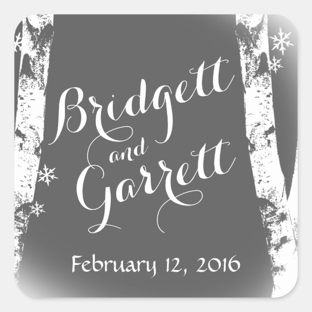 Winter Birch Trees and Snowflakes Square Sticker (Front)