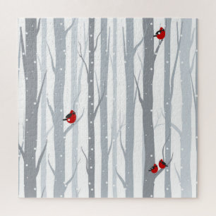 Winter Birches: Grey Trees, Red Birds Jigsaw Puzzle