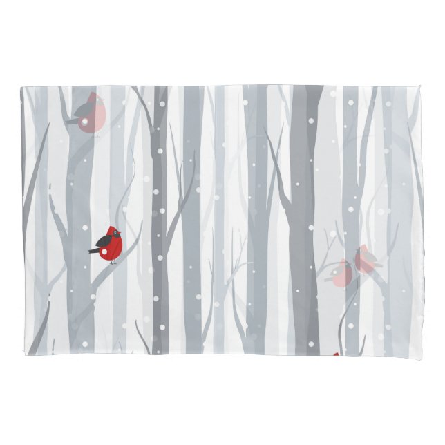 Winter Birches: Grey Trees, Red Birds Pillowcase (Front)