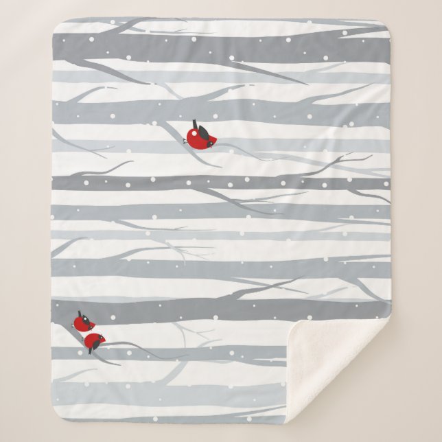 Winter Birches: Grey Trees, Red Birds Sherpa Blanket (Front)