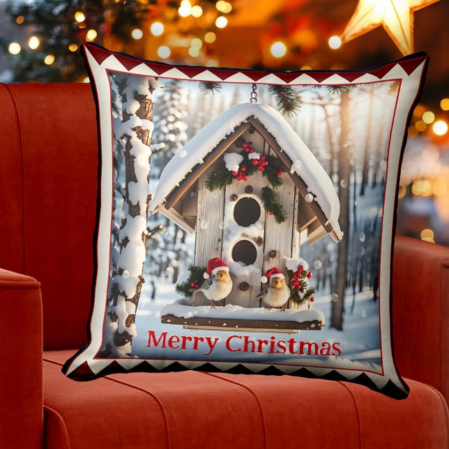 Winter Bird House Christmas Animal Art Cushion (Christmas pillow featuring a cute painting of a winter bird house in a snow covered forest)
