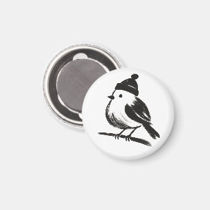 Winter Bird in Beanie – Ink Brush Minimalism on  Magnet