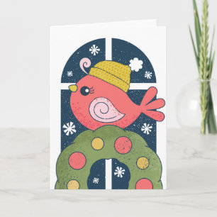 Winter Bird in Knit Cap Greeting Card, NEEDS INFO Card