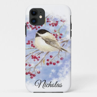 Winter Bird through Snowy Window. Christmas Scene iPhone 11 Case