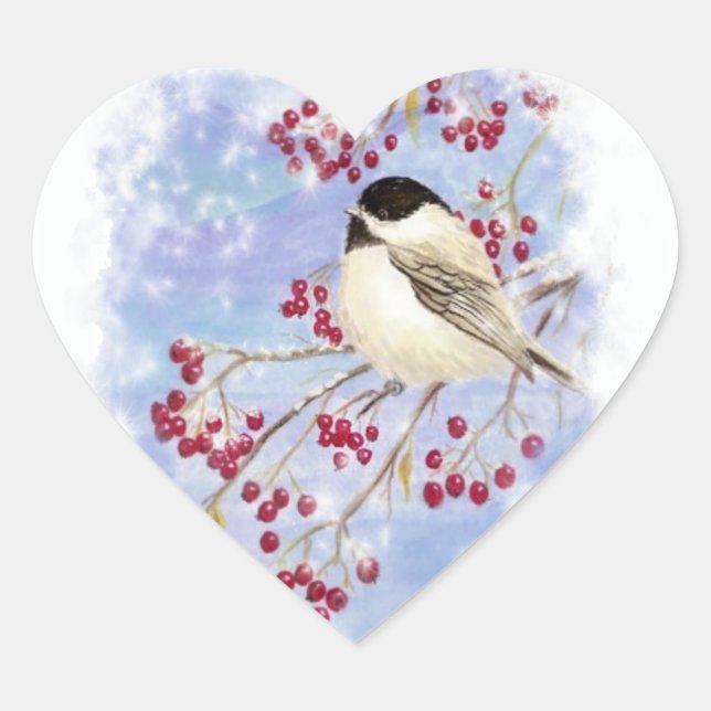 Winter Bird through Snowy Window. Christmas Scene Heart Sticker (Front)