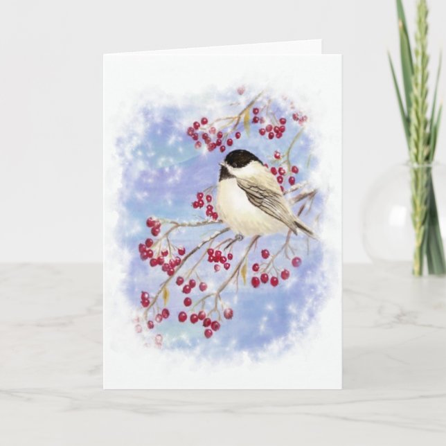 Winter Bird through Snowy Window. Christmas Scene Holiday Card (Front)