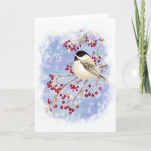 Winter Bird through Snowy Window. Christmas Scene Holiday Card