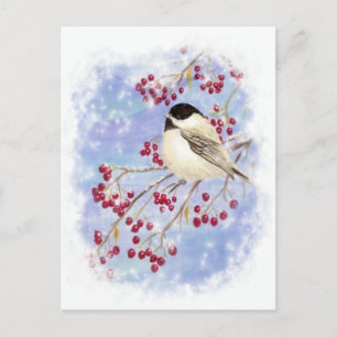 Winter Bird through Snowy Window. Christmas Scene Holiday Postcard