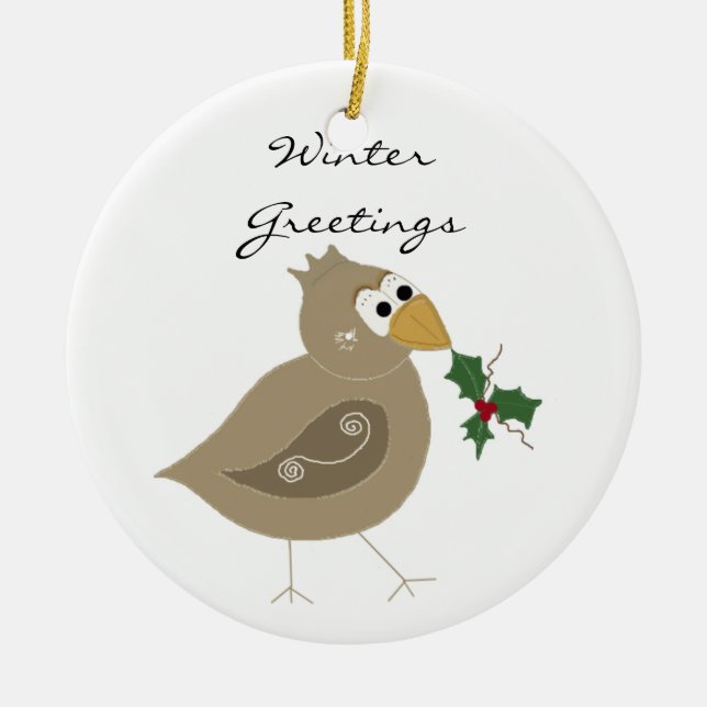 Winter Bird with Sprig of Holly Ceramic Tree Decoration (Front)