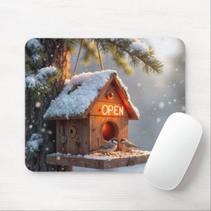 Winter Birdhouse With Neon Open Sign Mouse Mat