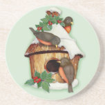 Winter Birds and Birdhouse Coaster<br><div class="desc">Delightful winter wildlife scene with little birds,  a snow covered birdhouse and holly.</div>