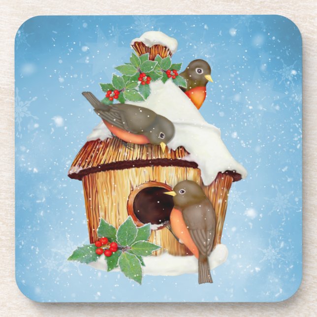Winter Birds and Birdhouse Coaster (Front)