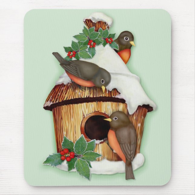 Winter Birds and Birdhouse Mouse Mat (Front)