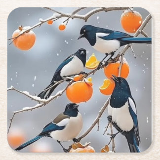 Winter birds and persimmons square paper coaster