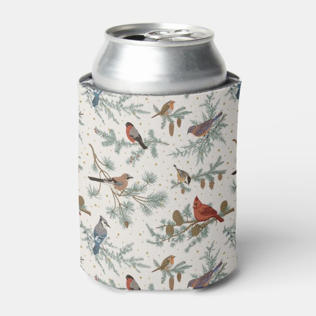 Winter Birds and Pine Branches Pattern Can Cooler (Can Front)