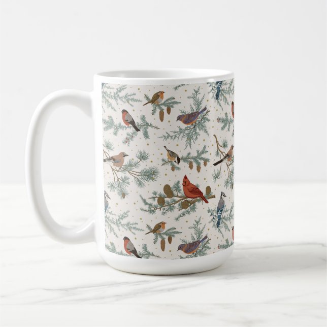 Winter Birds and Pine Branches Pattern Coffee Mug (Left)