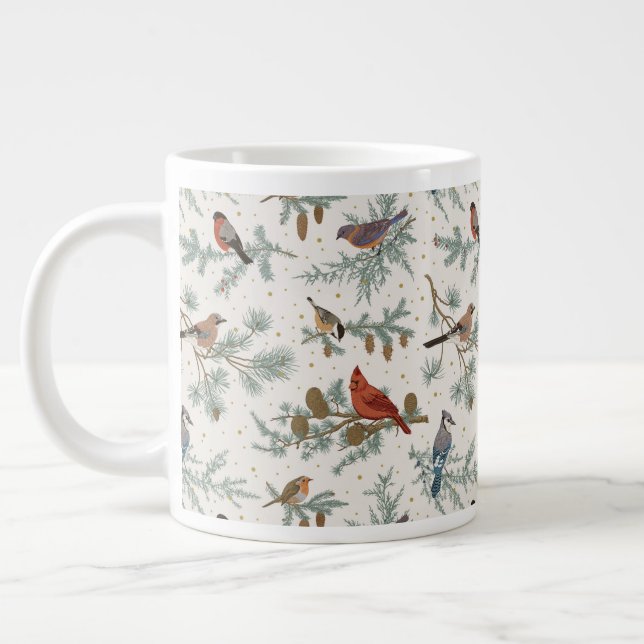 Winter Birds and Pine Branches Pattern Large Coffee Mug (Left)