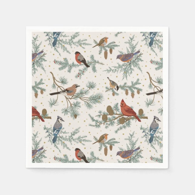 Winter Birds and Pine Branches Pattern Napkin (Front)