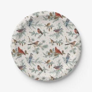Winter Birds and Pine Branches Pattern Paper Plate