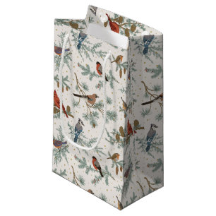Winter Birds and Pine Branches Pattern Small Gift Bag