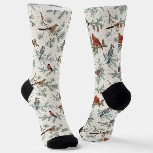 Winter Birds and Pine Branches Pattern Socks