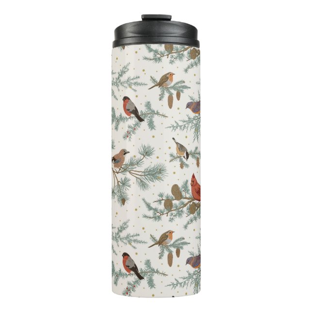 Winter Birds and Pine Branches Pattern Thermal Tumbler (Front)