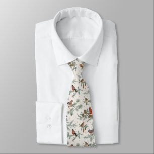 Winter Birds and Pine Branches Pattern Tie