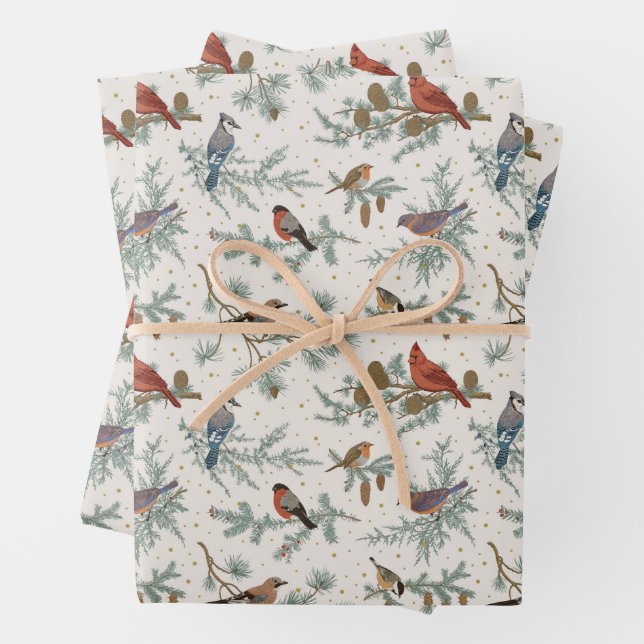 Winter Birds and Pine Branches Pattern Wrapping Paper Sheet (In situ)