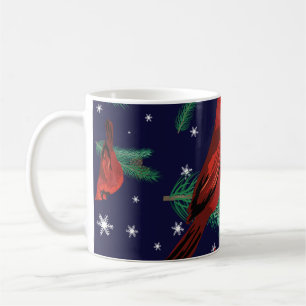 Winter birds - cardinals on fir-tree branches with coffee mug