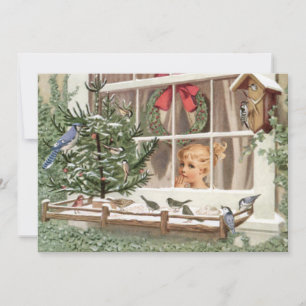 Winter Birds Christmas Tree Vintage Holiday Nature Card