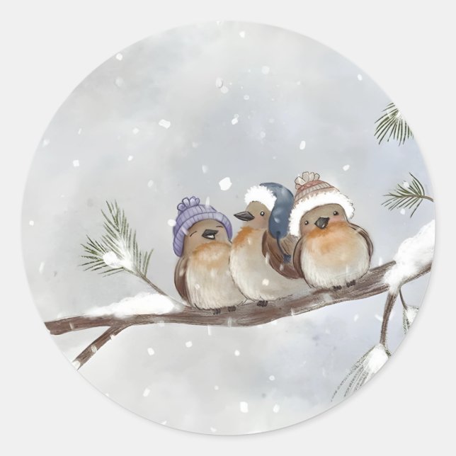 Winter birds classic round sticker (Front)