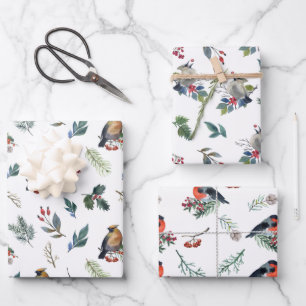 Winter Birds Feeding On Red Berries Christmas Wrapping Paper Sheet