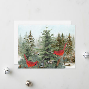 Winter Birds Forest Cardinal Chickadee Nuthatch Holiday Card