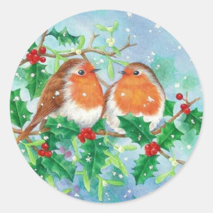 Winter Birds & Holly Berries In Falling Snow  Classic Round Sticker