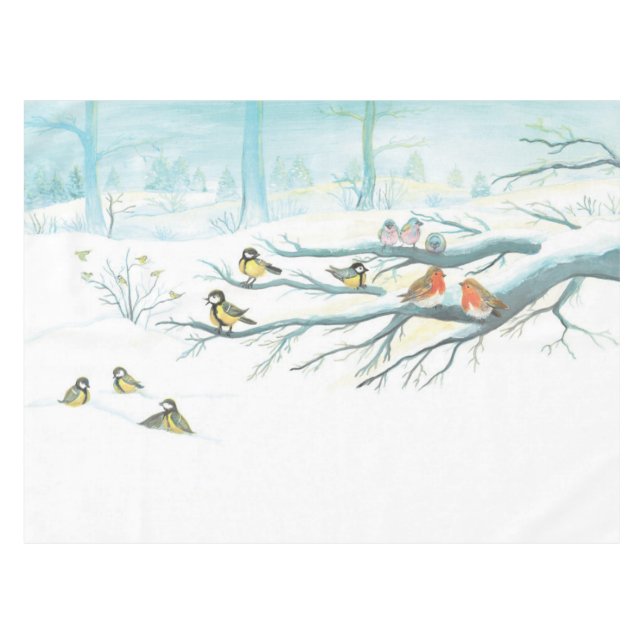 Winter birds in a snowy forest on a cold sunny day tablecloth (Front (Horizontal))