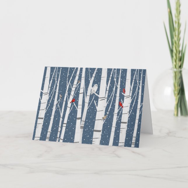 Winter Birds in Birch Forest Holiday Card (Front)
