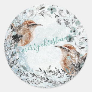Winter Birds Nesting Dusty Blue Christmas Wreath Classic Round Sticker